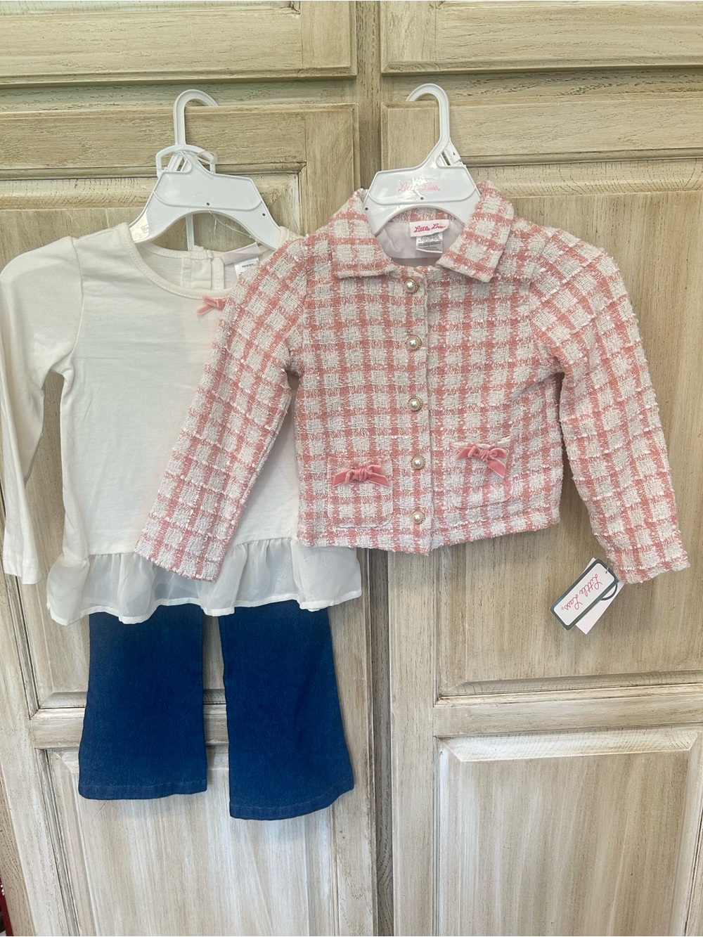 Pink & White Tweed jacket and jeans Set with White Ruffle Top